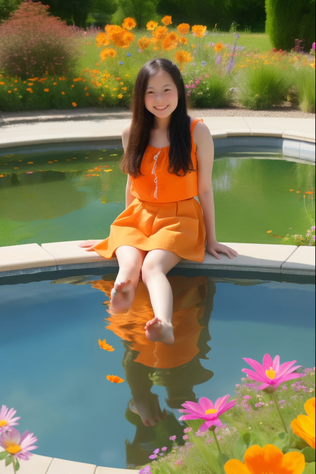 (masterpiece, best quality:1.3), 1girl, pretty girl, asian girl, high resolution, orange skirt, barefoot, close-up, facing viewer, pool, pond, summer, many flowers, bright light,