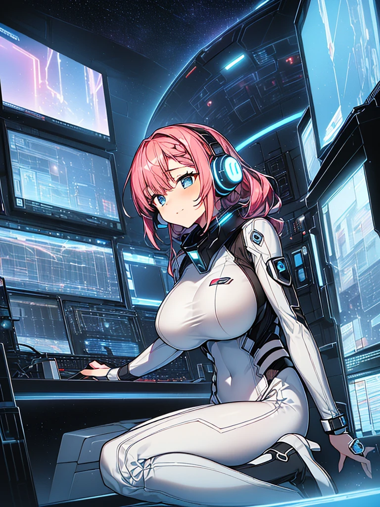 masterpiece:1.4, 1girl in ((20yr old, Wearing a tight, futuristic metallic white bodysuit,long boots, huge-breasted, A pink-haired, long,Braided hair,marguerite'Hairstyles, Perfect model body, Blue eyes:1.4, Wearing headphones, Flirting, Happy, Looking out the window of the futuristic sci-fi space station、While admiring the beautiful galaxy:1.2, SFSF control room on night background:1.1, Neon and energetic atmosphere:1.2)) ((Galaxy)) ((Solo:1.6))