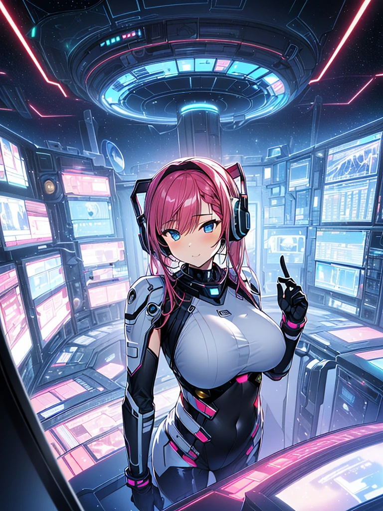 ​masterpiece:1.4, 1girl in ((20yr old, Wearing a tight, futuristic metallic white bodysuit,long boots, huge-breasted, A pink-haired, long,Braided hair,marguerite&#39;Hairstyles, Perfect model body, Blue eyes:1.4, Wearing headphones, Flirting, Happy,  Looking out the window of the futuristic sci-fi space station、While admiring the beautiful galaxy:1.2, SFSF control room on night background:1.1, Neon and energetic atmosphere:1.2)) ((Galaxy)) ((Solo:1.6))