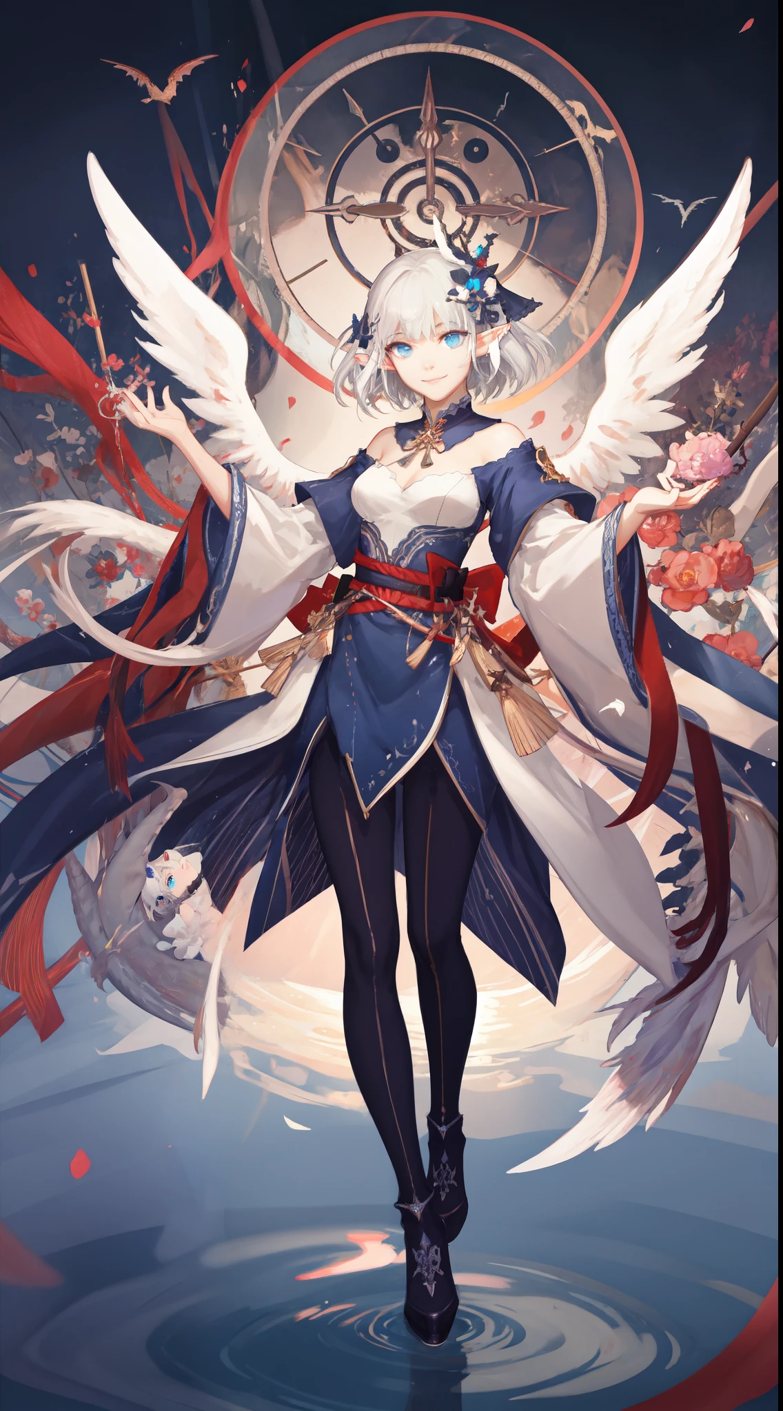 (((masterpiece, best quality))), (Sheer and revealing white fluffy outfit:1.3, ),(Angel with glass wings floating on lake:1.3), (Dragon protecting a girl behind:1.3),Glossy light brown and orange striped shorthair,Cute smile,Perfect round face,A cheerful smile that makes the viewer happy,Proper body proportion,masutepiece,Super high-quality output images,hight resolution,Intricate details,Hair fluttering in a very delicate and beautiful wind,photos realistic,Dreamy,Professional Lighting,realistic shadow,Solo Focus,Beautiful hands,Beautiful fingers,Detailed finger features,detailed clothes features,Detailed hair features,detailed facial features,(Ghibli style:1.3), BREAK, (elf:1.3), (1girl), solo, Bob cut hair, Blunt bangs, (hair between eye), white hair，(beautiful detailed face:1.2)，eyelashes, blue eyes, eyeshadow, pink eyeshadow, art style by Artgerm, by Wadim kashin, by Kawacy,