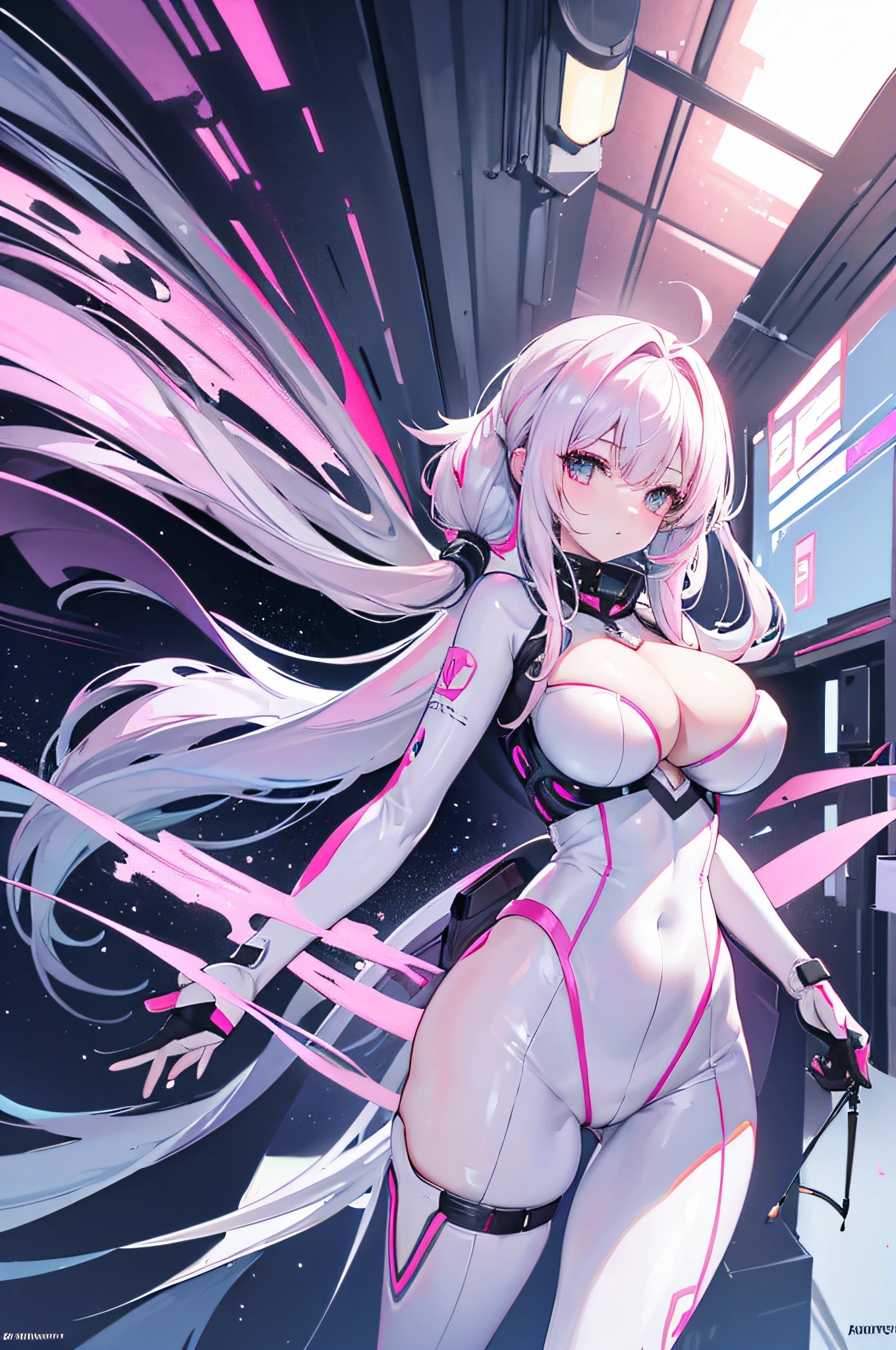 4K,hight resolution,One Woman,White pink hair,poneyTail,Colossal tits,ninjartist,White Cybersuit,Cyber Sword,underground city