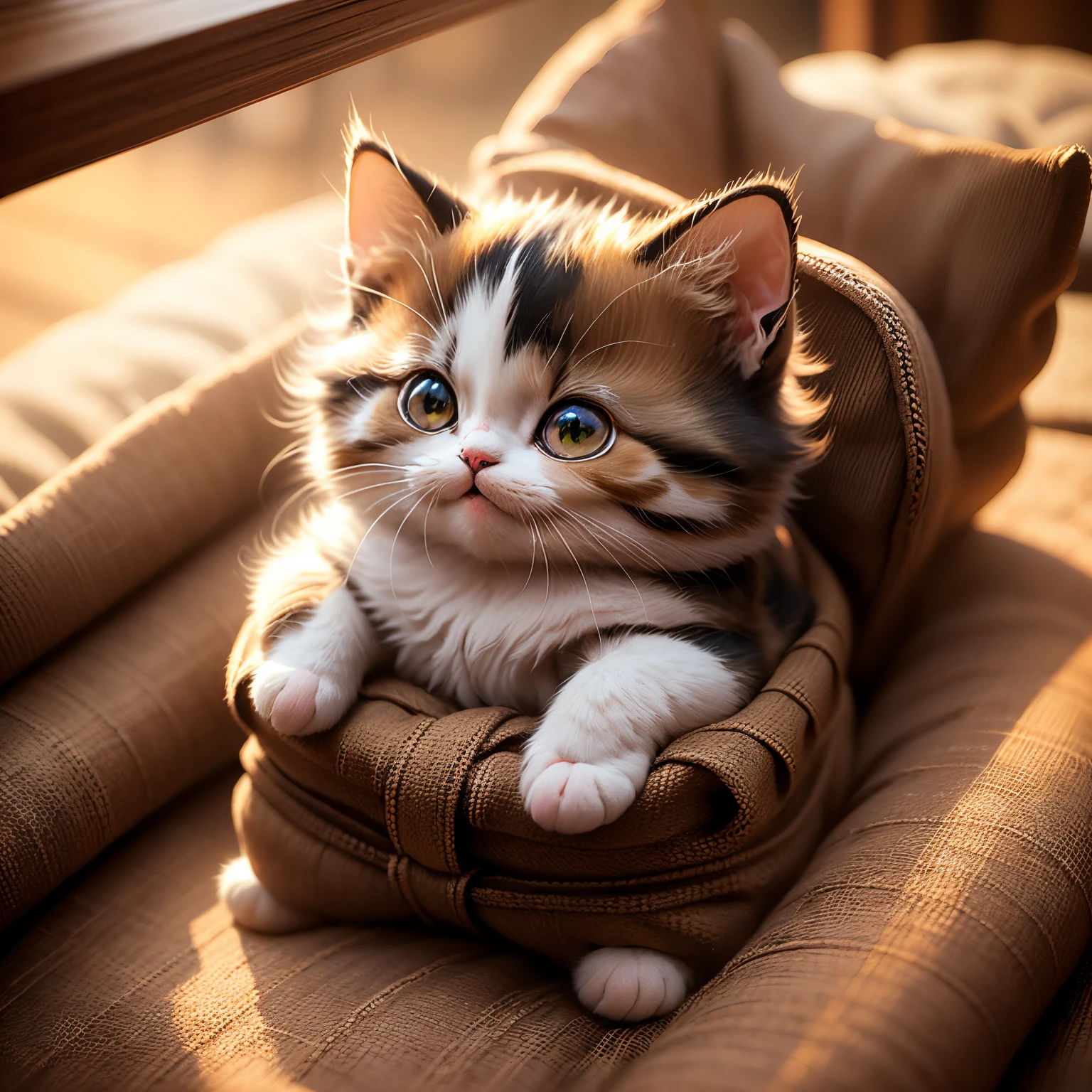 masterpiece、top-quality、ultra-detailliert、(Chibi Chara Calico Cat:1.27),(open leg:1.3),Chibi Living,sitting down on the floor