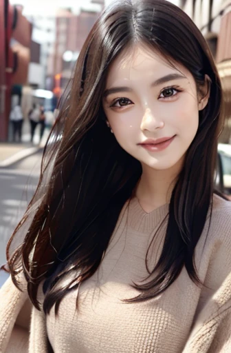 Beautiful black hair woman、Longhaire、Real skin quality、japanes、coat、Winters、yuki、Yokohama Red Brick Warehouse、muffler、a smile、Face Up、Lighter makeup