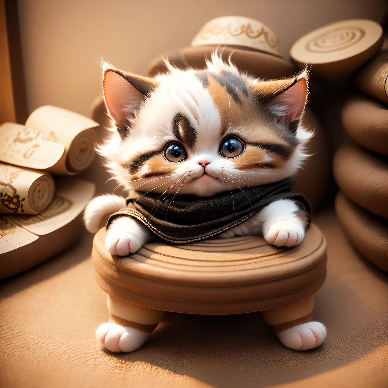 masterpiece、top-quality、ultra-detailliert、(Chibi Chara Calico Cat:1.27),(open leg:1.3),Chibi Living,sitting down on the floor