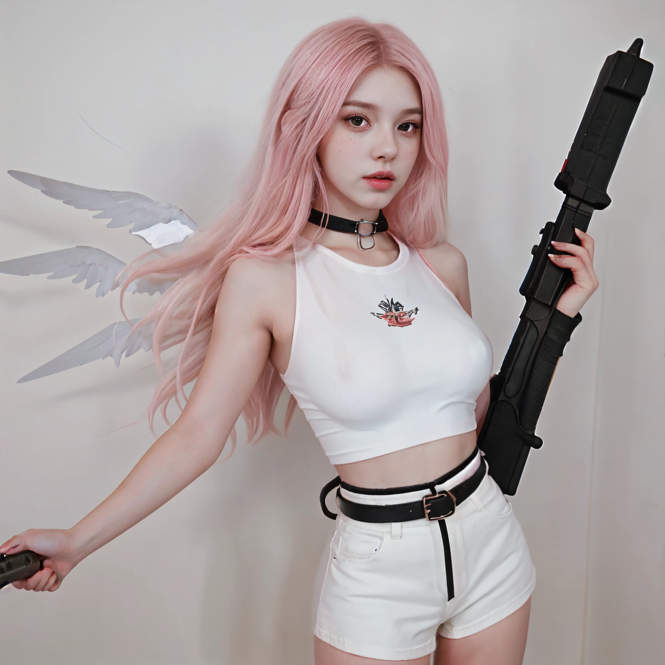 she is a anime cartoon, painting, illustration, ( high qulity) hd quality, normal quality:4) she has a flaming katana sword, she is jumping in the sky, she has angel wings, she is a female 25-yrs-old, she is wearing white knee high boots, white leather booty shorts, with a a gun belt, She is wearing a white tank top, her body is skinny n petite she has small, breast, she has long pink hair, jer look is innocent and sweet,