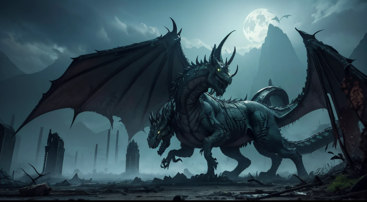 Dragon god, dragon of life, big horns, giant horns, beast, glowing eyes ,Black and silver color