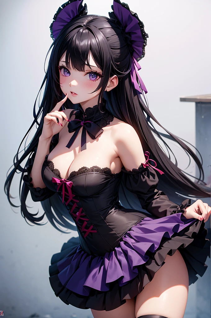 kuromi, black hair, purple, cute anime girl, nsfw, digital illustration, vibrant colors, soft lighting, perfect face, absurdres, ultrasharp, 8K, risque pose, long hair, ta dress, gothic