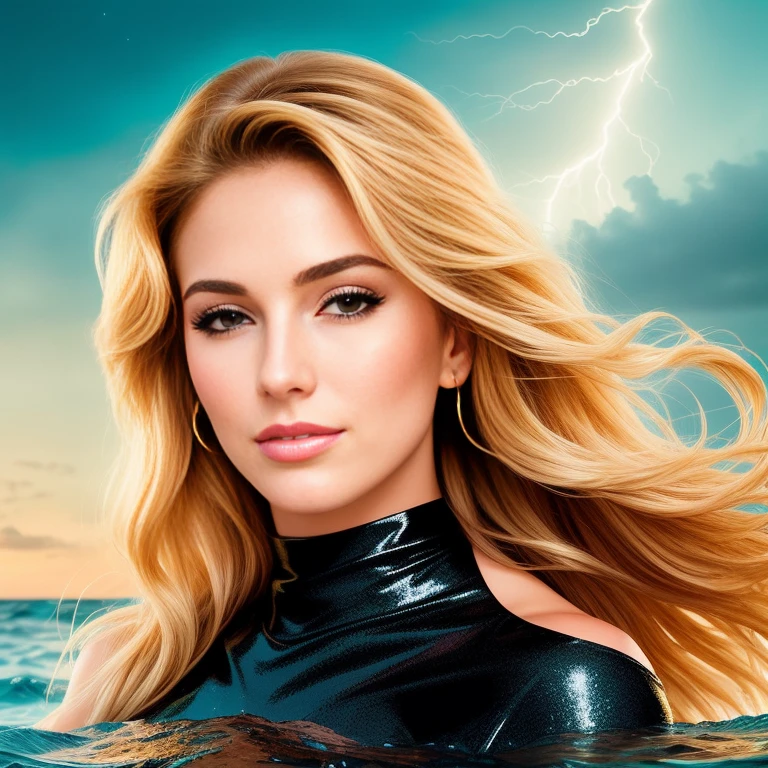 "(Mature and realistic portrayal:1.21,750HD resolution) Sailor Moon (golden bronde hair) submerging from oceans of crystal clear water, background is a black sky, filled with thunder and lighting. She's exhibiting empowering poses while displaying a playful, flirtatious smirk with her hands above her head, album cover type photo