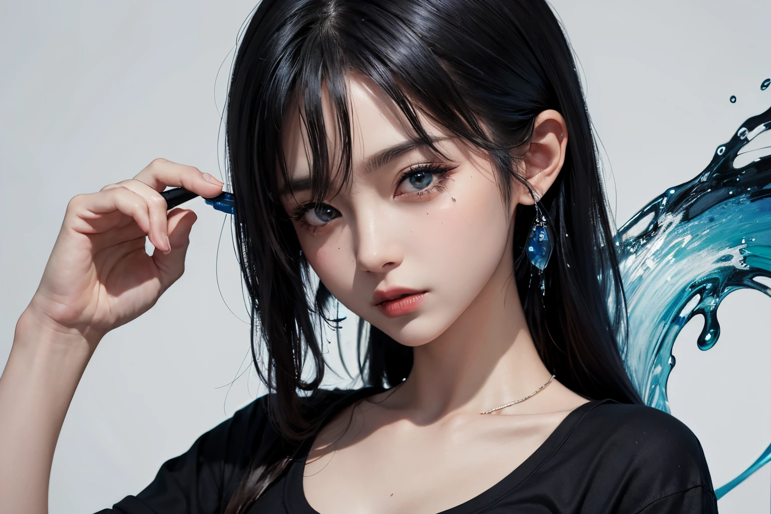 water paint art, ink drop, many color ink drop, blue ink drop, black ink drop, high detailed line art, dancing, girl, chibi style, super deformed, black t shirt, plain t shirt, high detailed body, amazingly fine detail, highest quality, high detailed finger, big file size, high detailed, masterpiece,