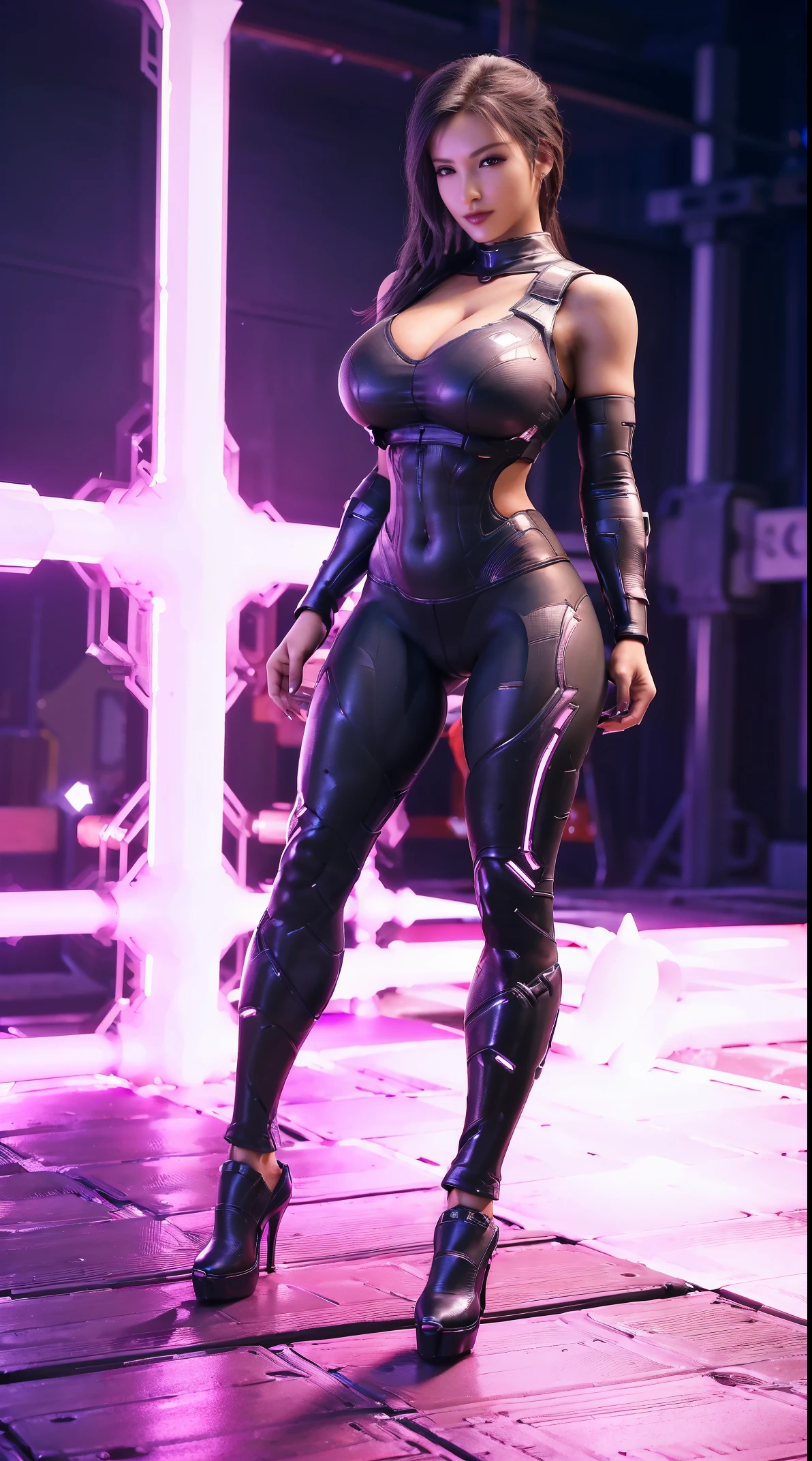 A MATURE WOMAN, HUGE FAKE BOOBS, (BEAUTIFUL FACE), (RGB), (FUTURISTIC MECHA BRA), (CLEAVAGE), (SKINTIGHT YOGA PANTS), (HIGH HEELS), (PERFECT BODY:1.2), (LONG LEG), (FULL BODY:1.3), FRONT, (STANDING:1), SEXY BODY, EXPOSE MUSCLE ABS, UHD, 8K, 1080P.