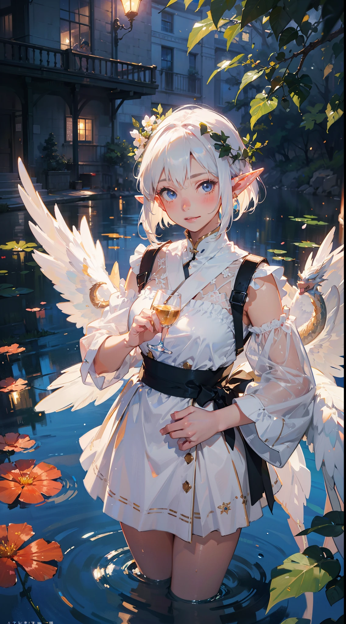 (((masterpiece, best quality))), (Sheer and revealing white fluffy outfit:1.3, ),(Angel with glass wings floating on lake:1.3), (Dragon protecting a girl behind:1.3),Glossy light brown and orange striped shorthair,Cute smile,Perfect round face,A cheerful smile that makes the viewer happy,Proper body proportion,masutepiece,Super high-quality output images,hight resolution,Intricate details,Hair fluttering in a very delicate and beautiful wind,photos realistic,Dreamy,Professional Lighting,realistic shadow,Solo Focus,Beautiful hands,Beautiful fingers,Detailed finger features,detailed clothes features,Detailed hair features,detailed facial features,(Ghibli style:1.3), BREAK, (elf:1.3), (1girl), solo, Bob cut hair, Blunt bangs, (hair between eye), white hair,(beautiful detailed face:1.2),eyelashes, blue eyes, eyeshadow, pink eyeshadow, art style by Artgerm, by Wadim kashin, by Kawacy,