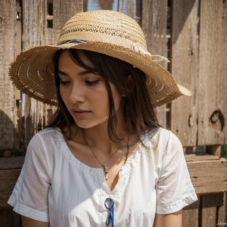 The letter p with a straw hat , com uma grande parte traseira, chorando encostado em uma parede