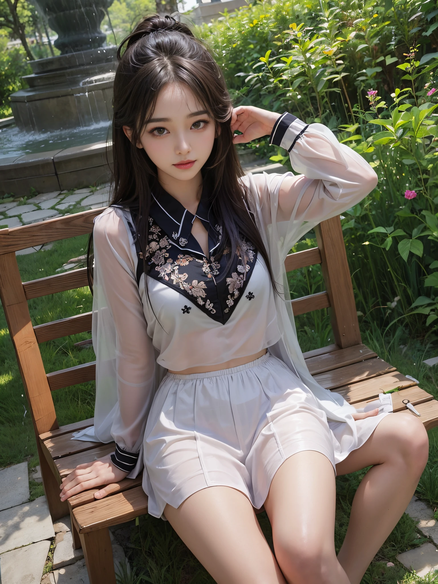 undergarment, photo of  girl, cute little, ((KPOP Idol)), ((panties are visible))、 ((A-shaped legs)), A dark-haired, knee high,all nude,full nude, head rest, Shot from below the front, plein air, ​(no underwear),Masturbation,masterpiece, top-quality, straight long hair,ultra-detailliert、neatly trimmed lawn,sitting on a small wooden stand,Carefree smile,Photographed from below,neatly trimmed lawn,no pantie,no underwear, Korean beauty girl,Correct connection of arms to torso,Correct connection of the legs with the body,bench in the park with a fountain,pumps,