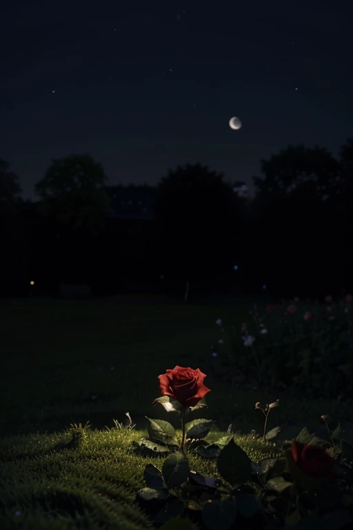 one rose in the middle of a garden in the dark, and there is a moonlight spot on the rose and stars in the sky and grass , drow without humans