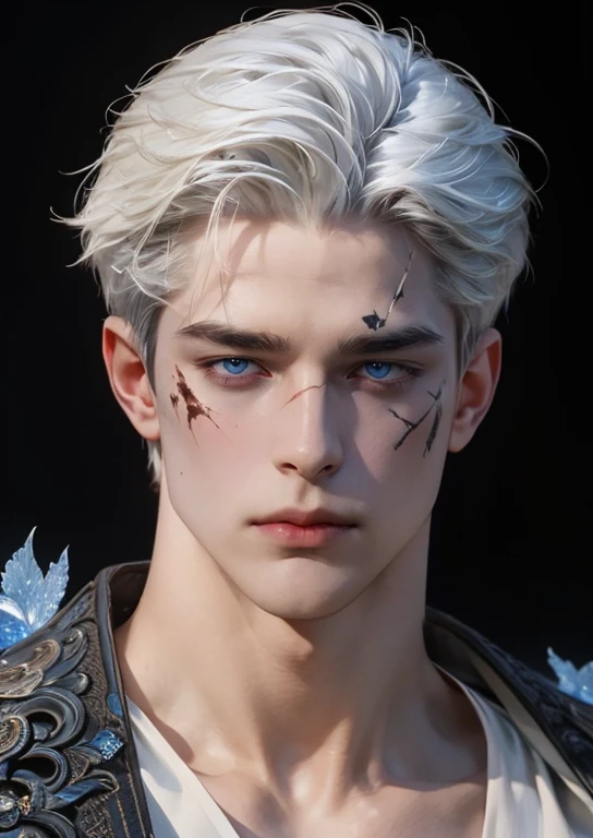 (More than half body), 1man, white hair, a knight, a little stern, solo focus masculine face, vivid blue eyes, (((large faded scar over right eye))), hyper realistic, curtain hairstyle, heroic, black armor, frost forest, realistic, dynamic pose realistic, detailed and correct facial structure, blades ornaments, johan liebert mixed with dante, handsome, attractive, slightly muscular, cinematic lighting, unreal engine, trending on ArtStation, intricate details, masterpiece, best quality, by Irakli Nadar, Greg Rutkowski, (((best quality))),(((ultra detailed))),(((masterpiece)))