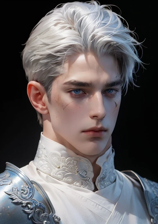 (More than half body), 1man, white hair, a knight, a little stern, solo focus masculine face, vivid blue eyes, (((large faded scar over right eye))), hyper realistic, curtain hairstyle, heroic, black armor, frost forest, realistic, dynamic pose realistic, detailed and correct facial structure, blades ornaments, johan liebert mixed with dante, handsome, attractive, slightly muscular, cinematic lighting, unreal engine, trending on ArtStation, intricate details, masterpiece, best quality, by Irakli Nadar, Greg Rutkowski, (((best quality))),(((ultra detailed))),(((masterpiece)))