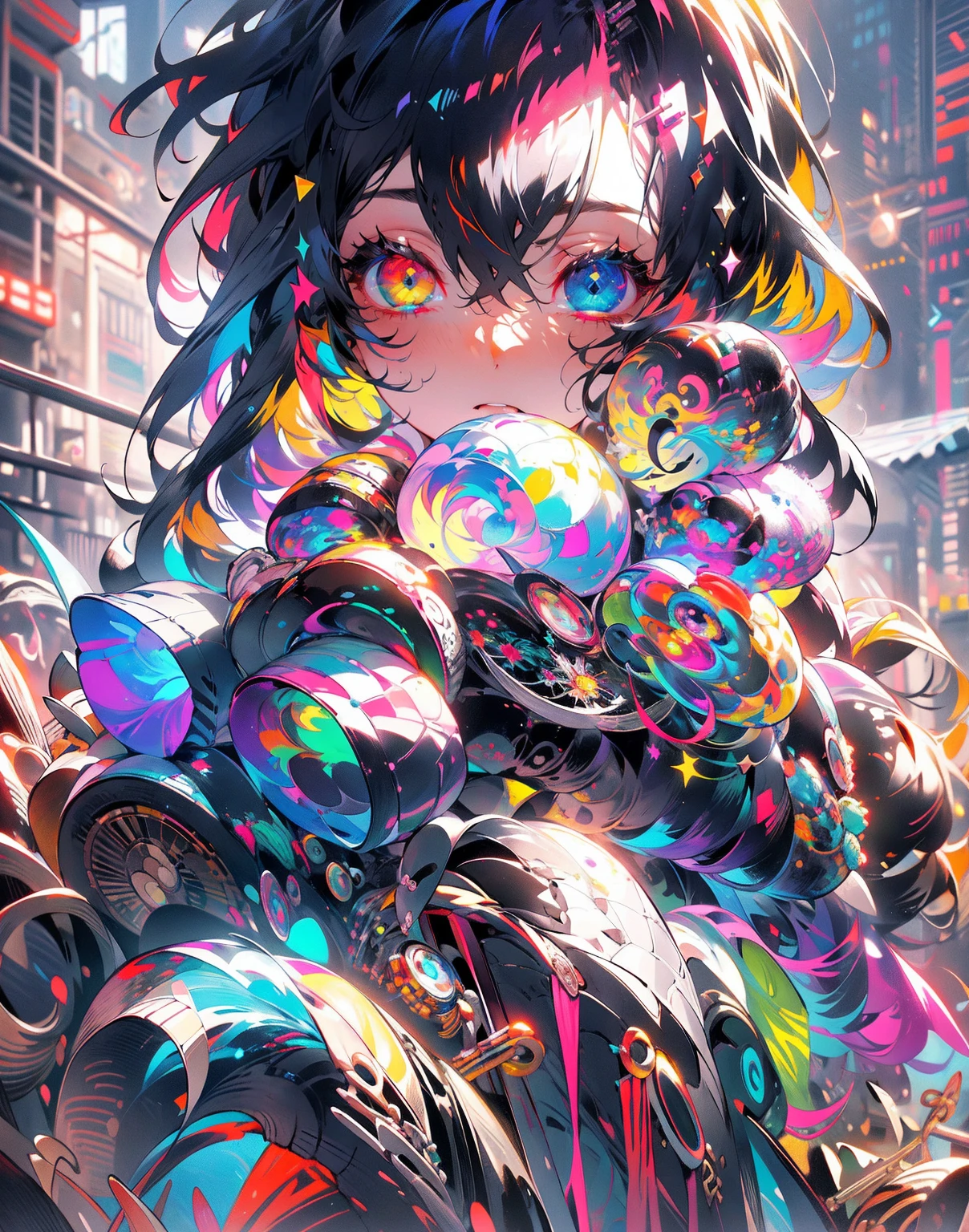 {{masterpiece}}, best quality, extremely detailed CG unity 8k wallpaper, cinematic lighting, lens flare, beautiful detail eyes, black, side glance, multicolor hair, colorful light, particles, heterochromia, (colorful:1.5), (colorful hair:1.5),