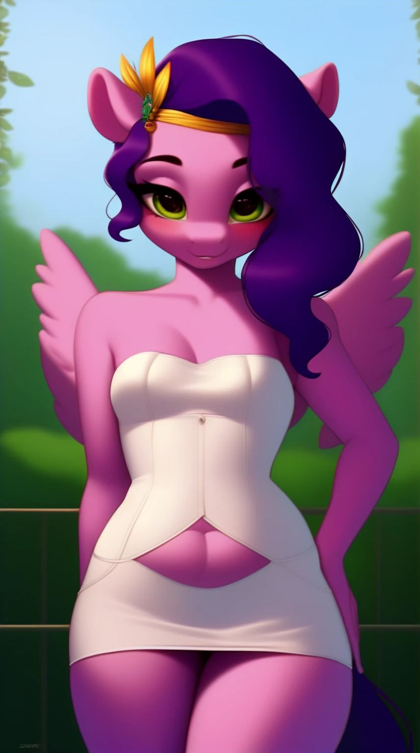 (score_9), (source_pony), (solo), (pegasus), ((anthro Pipp Petals1.1)), (strapless white tube dress), sexy, blushing, seductive look, messy hair, lidded eyes, sultry pose, bedroom eyes, anatomically correct, night garden, small breasts, half body, solo, hourglass figure, curvy, plump body, young, short, chubby, cute, high res, facing straight at viewer,