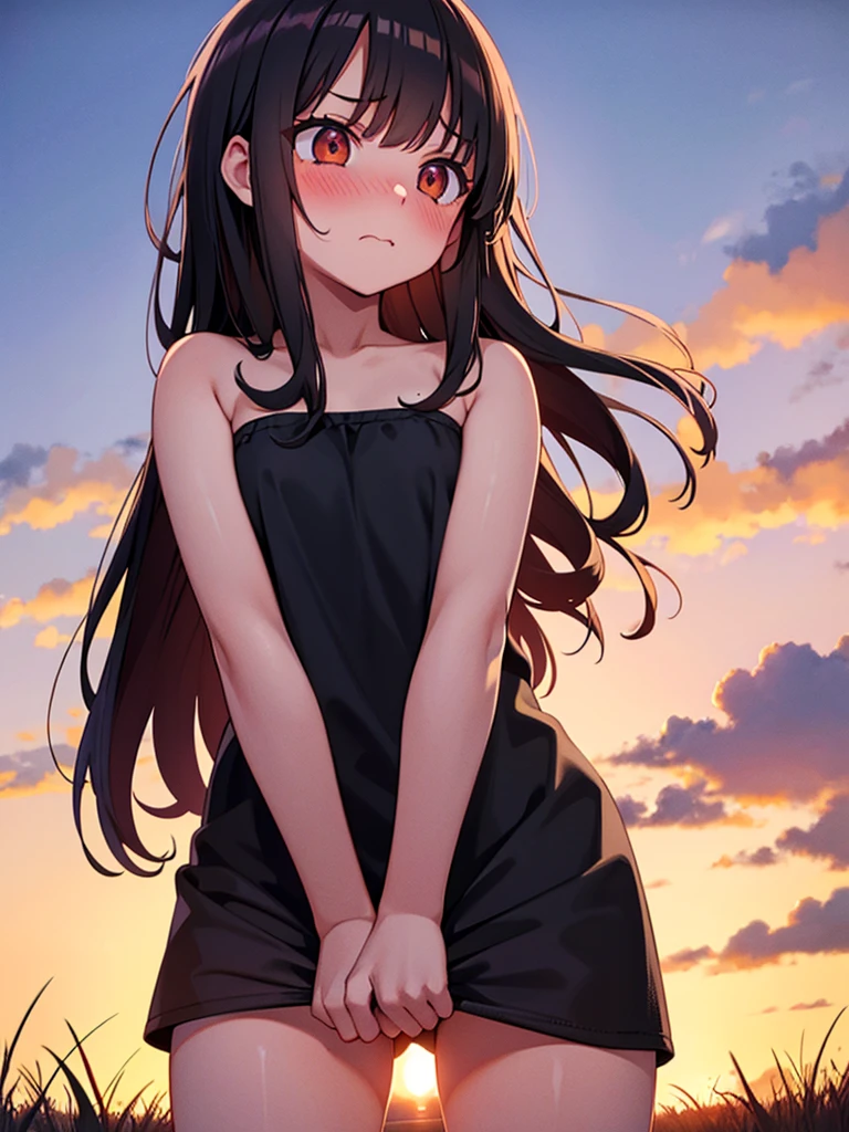 standing, hand between legs, legs spread, 1girl, sunset, full nude,blush, embarrassed, sunset, outdoors, evening, grass, dusk, twilight, from below, angry, wavy mouth