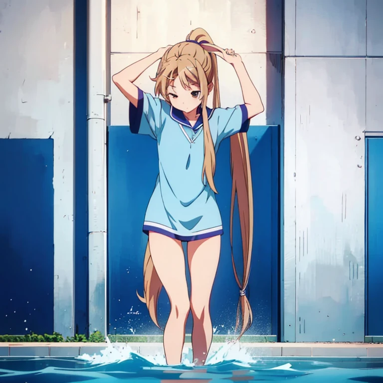 Cool girl，in a swimming pool，swimmning，wash her long hair，A very, Very long ponytail，Extra-long hair，Flip the hair， 2d ，Japanese anime， female high-school student，Best quality at best, fully body photo。