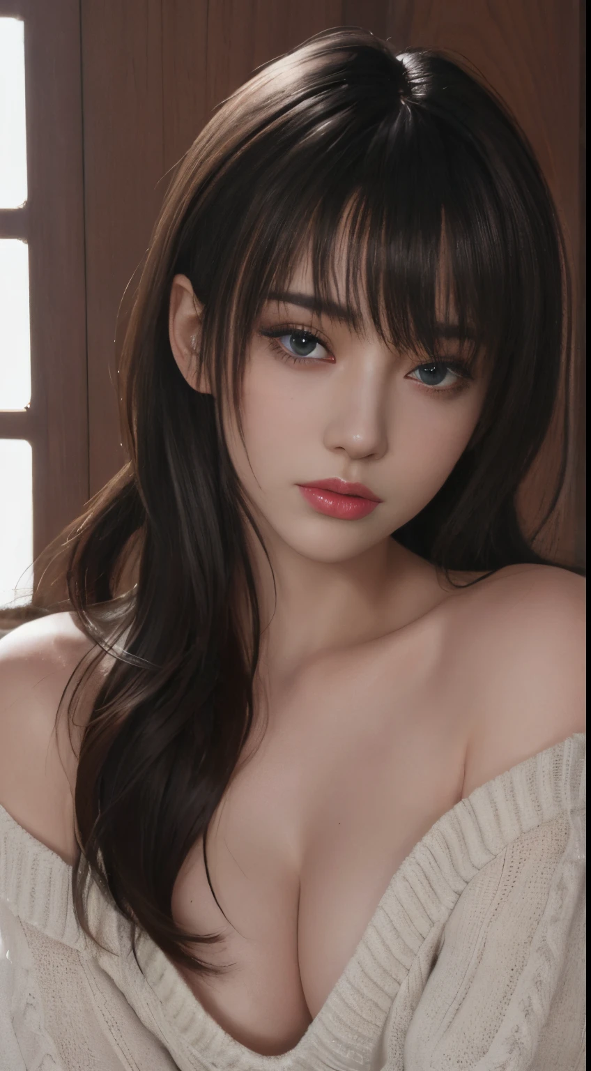 ultra high res, masterpiece, best quality, perfect glossy shiny skins, perfect lighting, detailed lighting, dramatic shadows, ray tracing, black sweater, looking at viewer, off shoulder, Big breasts, Exposed cleavage, blue Eyes, sharp face, sharp eyes, long bangs, pony tail, nsfw, ((Dark background)), open mouse, nanami,