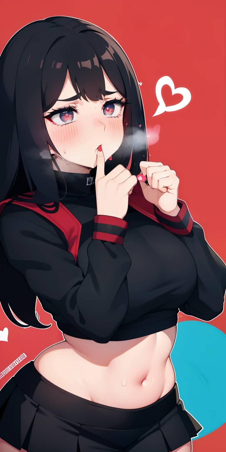 1girl,heart-shaped pupils,fingernails,hands on lips, black hair,blue eyelush:1.1),upper body,trembling,sweat,sweatdrop,heart,(speed lines:1.1),medium breasts, ((heavy breathing:1.3)), love, heart, red crop top, black tight skirt, mad, disappointed , looking at viewer, torture devices in background