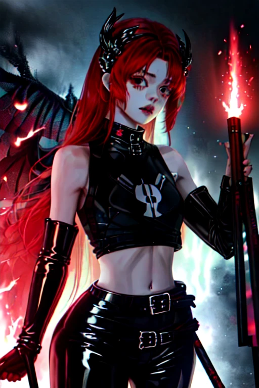 she is a anime cartoon, painting, illustration, ( high qulity) hd quality, normal quality:4) she has a 2 long swords, the blade of the swords r on fire, she has black angel wings, she is a female 18-yrs-old, she is wearing white knee high boots, long black lether latex pants, she is wearing a grey skull belt, she is wearing a latex black belly tank top, her body is pefectly toned and petite, she has small breast, she has fire engine long dark ruby red hair, she is in the underworld,