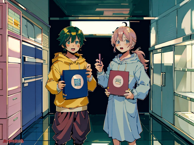 supreme， green down jacket，lime color hair，pink eyes，Standing on your feet，submachine gun，Detailed Genshin graphics，anime character design，anime concept art，pretty anime character design，anime character reference sheet，[Character design]，1girl in, ((Character information)、(Chara Leaf)、pastel dimmed colors, (Yellow color palette.:1.2, Blue:1.2, Pink:1.2), (Blue hair bun and blonde), Short fashionable skirt, Sitting on a throne of sweets and pastries, For example, doughnut, splash, candy, Lollipop, lollipop cane, a cake, cupcake, Cake Pop, Ruffles and lace, polka dot,(Lush pastel dresses), petite girl,Type sheet, Character Sheets, Three types，Shot Full Body，Game Character Design, green color, Green hoodie，