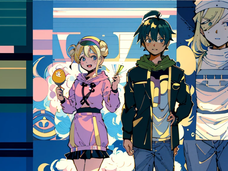 supreme， green down jacket，lime color hair，pink eyes，Standing on your feet，submachine gun，Detailed Genshin graphics，anime character design，anime concept art，pretty anime character design，anime character reference sheet，[Character design]，1girl in, ((Character information)、(Chara Leaf)、pastel dimmed colors, (Yellow color palette.:1.2, Blue:1.2, Pink:1.2), (Blue hair bun and blonde), Short fashionable skirt, Sitting on a throne of sweets and pastries, For example, doughnut, splash, candy, Lollipop, lollipop cane, a cake, cupcake, Cake Pop, Ruffles and lace, polka dot,(Lush pastel dresses), ite girl,Type sheet, Character Sheets, Three types，Shot Full Body，Game Character Design, green color, Green hoodie，