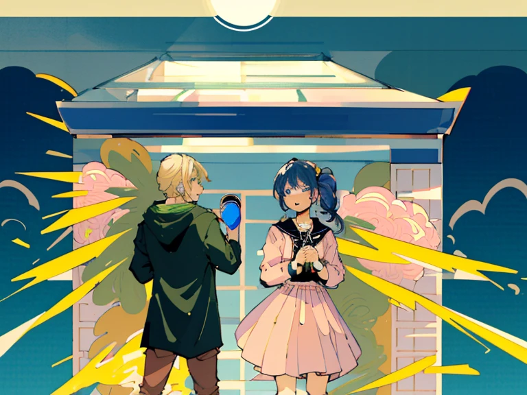 supreme， green down jacket，lime color hair，pink eyes，Standing on your feet，submachine gun，Detailed Genshin graphics，anime character design，anime concept art，pretty anime character design，anime character reference sheet，[Character design]，1girl in, ((Character information)、(Chara Leaf)、pastel dimmed colors, (Yellow color palette.:1.2, Blue:1.2, Pink:1.2), (Blue hair bun and blonde), Short fashionable skirt, Sitting on a throne of sweets and pastries, For example, doughnut, splash, candy, Lollipop, lollipop cane, a cake, cupcake, Cake Pop, Ruffles and lace, polka dot,(Lush pastel dresses), petite girl,Type sheet, Character Sheets, Three types，Shot Full Body，Game Character Design, green color, Green hoodie，