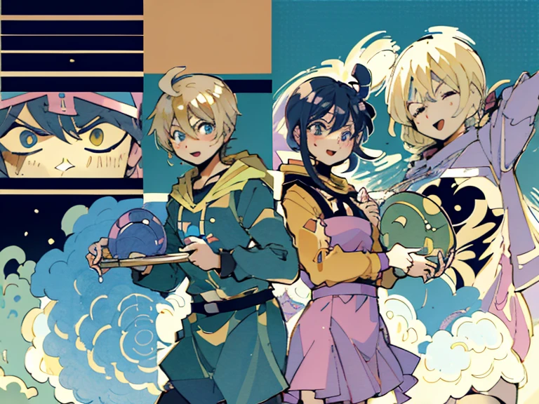 supreme， green down jacket，lime color hair，pink eyes，Standing on your feet，submachine gun，Detailed Genshin graphics，anime character design，anime concept art，pretty anime character design，anime character reference sheet，[Character design]，1girl in, ((Character information)、(Chara Leaf)、pastel dimmed colors, (Yellow color palette.:1.2, Blue:1.2, Pink:1.2), (Blue hair bun and blonde), Short fashionable skirt, Sitting on a throne of sweets and pastries, For example, doughnut, splash, candy, Lollipop, lollipop cane, a cake, cupcake, Cake Pop, Ruffles and lace, polka dot,(Lush pastel dresses), petite girl,Type sheet, Character Sheets, Three types，Shot Full Body，Game Character Design, green color, Green hoodie，