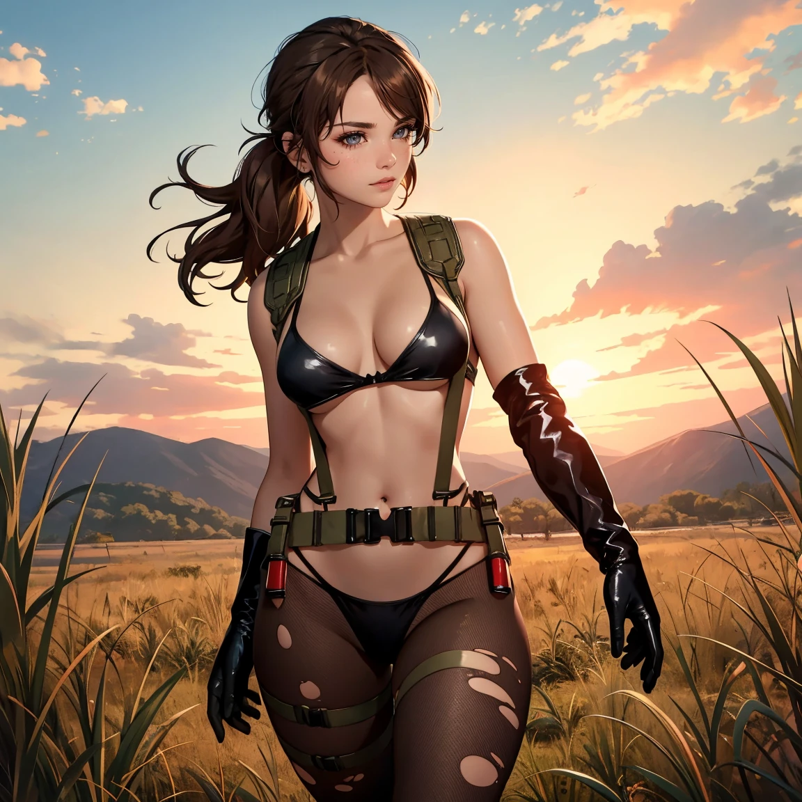 (masterpiece, best quality:1.2), quiet (metal gear), 1girl, pantyhose, torn pantyhose, solo, torn clothes, suspenders, front-tie top, front-tie bikini top, bikini, brown hair, swimsuit, breasts, ponytail, gloves, holster, asymmetrical gloves, cleavage, thigh holster, mismatched gloves, large breasts, single elbow glove, navel, elbow gloves, long hair, lips, highleg, highleg bikini, black bikini, looking at viewer, smile, from behind, hand on own chest, outdoors, field, grass, sunset, clouds