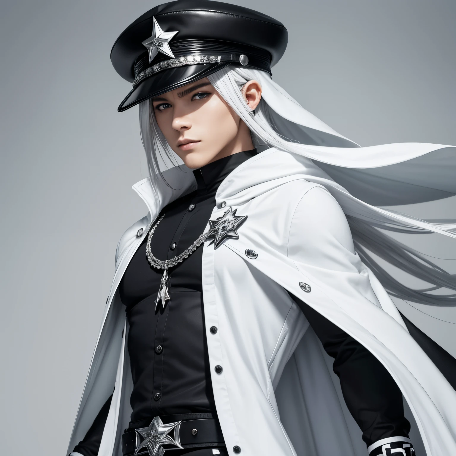 Garoto estilo anime, com cabelo curto branco, olhos preto, um tapa olho branco como se fosse um remendo no olho direito, brincos de metal, a police style hat without a star and a white outfit and a white cape