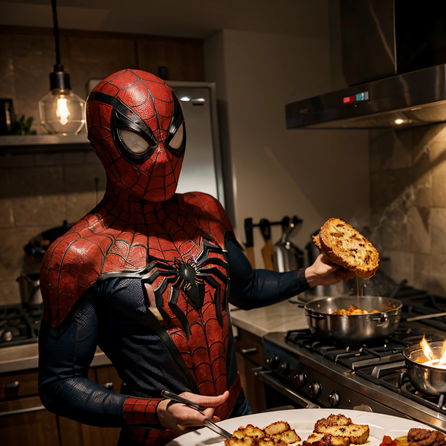 Spiderman is cooking tempeh