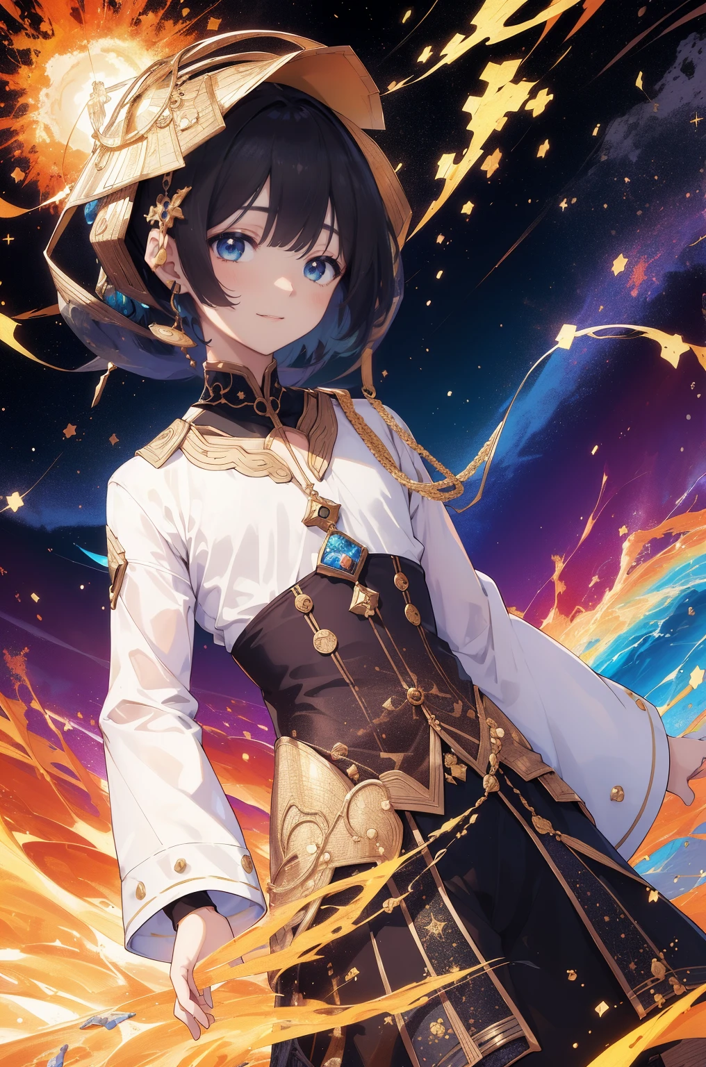 ((master part)), ((best quality)), 8k, alto detalhamento, ultra-detalhado, detalhes intrincados, arte digital, Surrealismo, retrato, (1st grade:1.2), (cosmico:1.1), (explosivo:1.3), A boy with galaxies spinning in his eyes, standing amidst a cosmic explosion of colors and shapes, (energy irradiation:1.2), (fractal patterns:1.1), (efeito glitch:1.3), His expression is a mixture of admiration and joy, as if he were the personification of the creative force of the universe, Quixel Megascans Render, capturando a beleza alucinante e explosiva do cosmos.