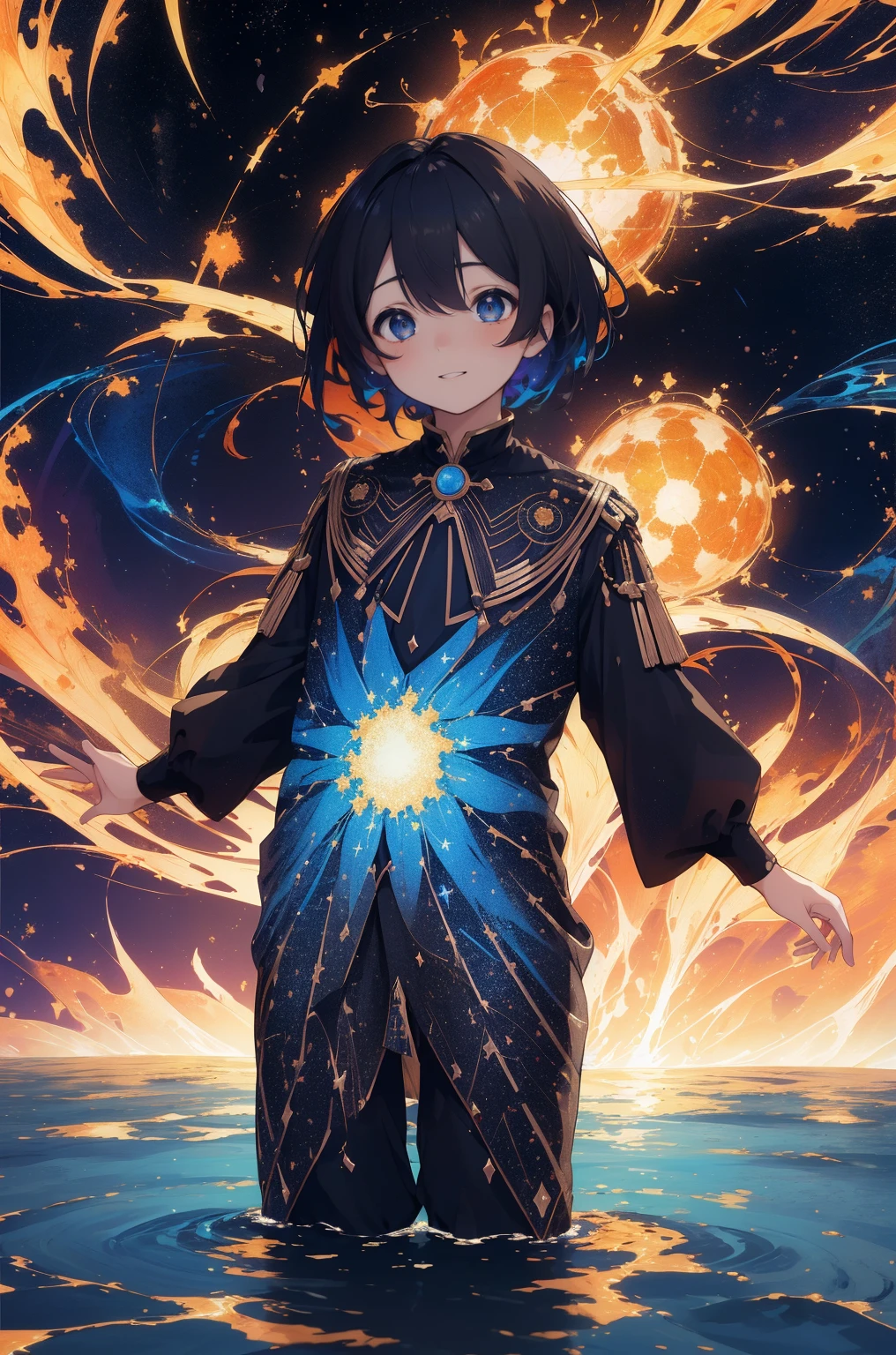((master part)), ((best quality)), 8k, alto detalhamento, ultra-detalhado, detalhes intrincados, arte digital, Surrealismo, retrato, (1st grade:1.2), (cosmico:1.1), (explosivo:1.3), A boy with galaxies spinning in his eyes, standing amidst a cosmic explosion of colors and shapes, (energy irradiation:1.2), (fractal patterns:1.1), (efeito glitch:1.3), His expression is a mixture of admiration and joy, as if he were the personification of the creative force of the universe, Quixel Megascans Render, capturando a beleza alucinante e explosiva do cosmos.