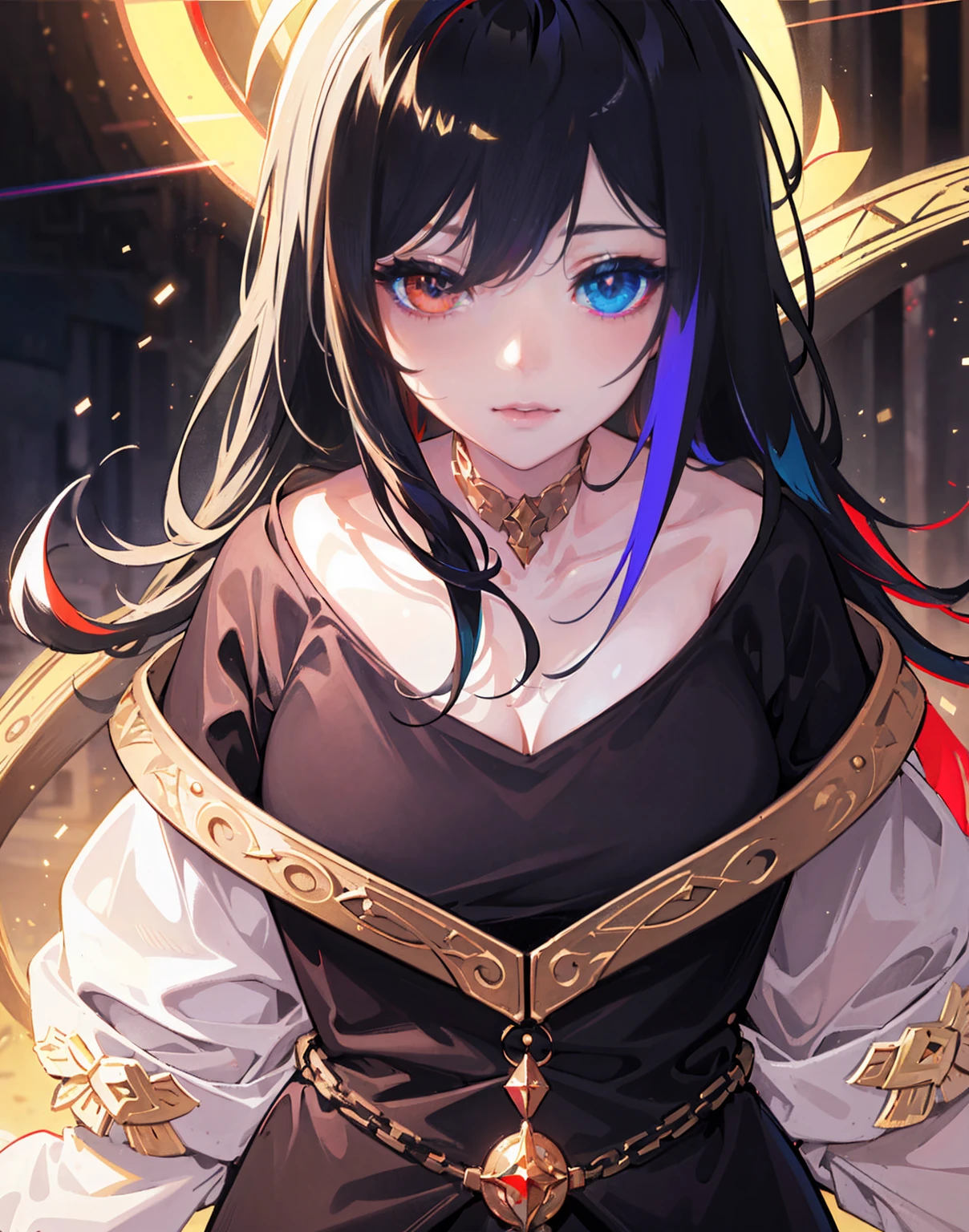 {{masterpiece}}, best quality, extremely detailed CG unity 8k wallpaper, cinematic lighting, lens flare, beautiful detail eyes, black,  side glance,  multicolor hair, colorful light, particles, heterochromia, (colorful:1.5), (colorful hair:1.5),