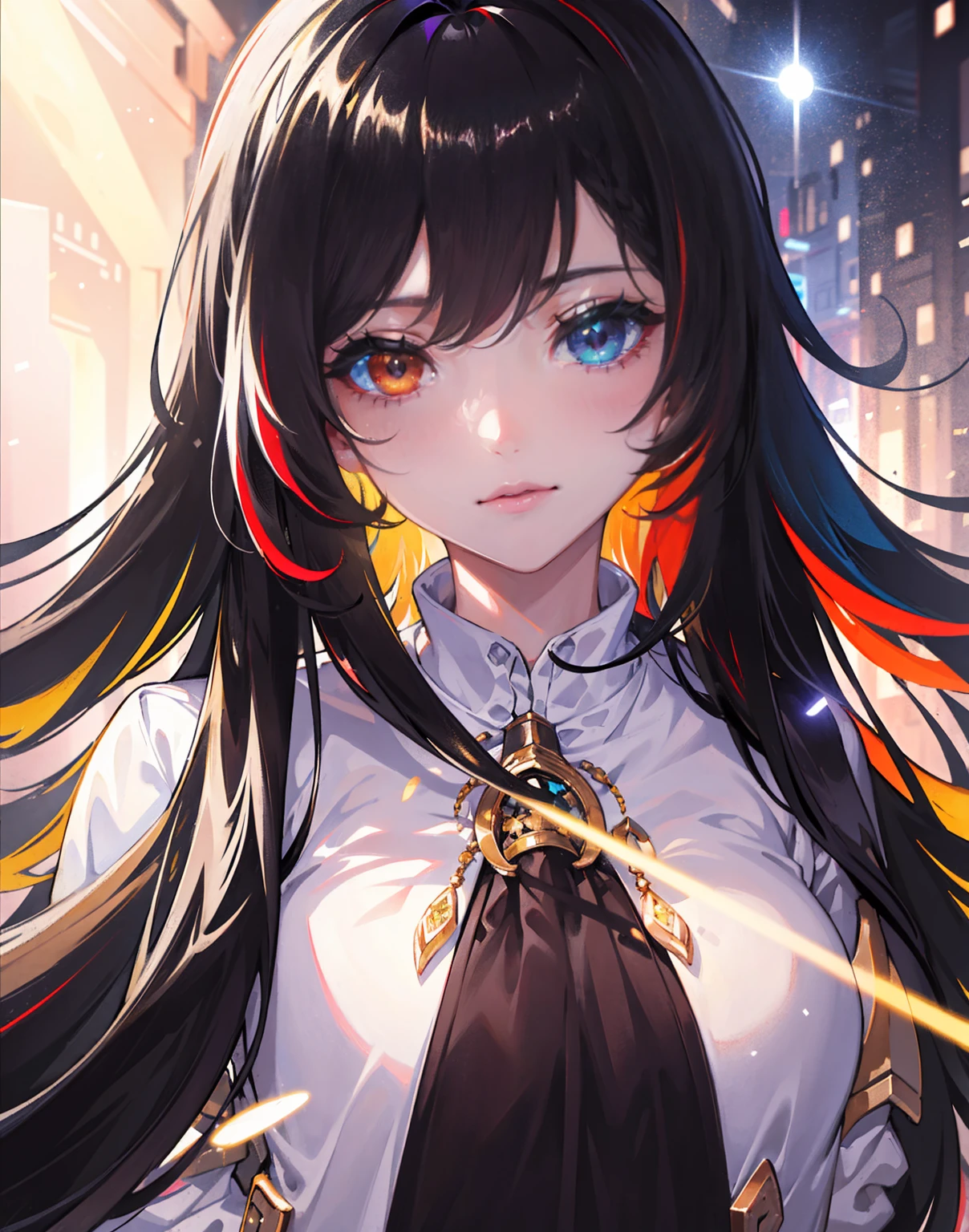 {{masterpiece}}, best quality, extremely detailed CG unity 8k wallpaper, cinematic lighting, lens flare, beautiful detail eyes, black,  side glance,  multicolor hair, colorful light, particles, heterochromia, (colorful:1.5), (colorful hair:1.5),