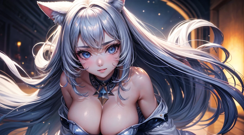 Cinematic footage, full medium closeup, a gorgeous 18-year-old kemonomimi woman soft pale skin, cute and youthful face, well-defined eyebrows, delicate nose, plump and round lips, (high skin detail: 1.2), ultra-detailed, photo-realistic, depth of field, cinematic lighting, IMAX camera, HDR, DTM, Full HD, 8k, (masterpiece, best)), (1girl), flared, medium breasts, slim, smile, standing, 8K picture quality, sexy seduction, (Sharp focus: 1.5), (sharp focus:1.2), (beautiful face:1.1), (eye makeup:1.2), (tight body:1.2), ((Masterpiece)), (highest quality))), ( Masterpiece:1.2), (Best Quality:1.3) (best quality:1.1) realistic:1.37 long, flowing:1.1 luscious, plump:1.1 sparkling sequins:1.1 subtle, 0.9 soft, warm:1.1 best quality,4k,8k,highres,masterpiece:1.2, realistic,photorealistic,photo-realistic:1.37, ultra-detailed:1.1 busty animal ears, beautiful, detailed ears:1.1 best quality, 4k, highres, masterpiece:1.2 detailed, piercing eyes:1.1 4k, 8k, highres, masterpiece:1.2 very three-dimensional: 1.2 (8k, best quality, masterpiece:1.2 ((masterpiece, best))