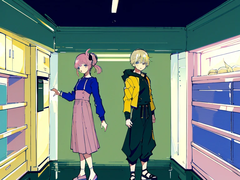 supreme， green down jacket，lime color hair，pink eyes，Standing on your feet，submachine gun，Detailed Genshin graphics，anime character design，anime concept art，pretty anime character design，anime character reference sheet，[Character design]，1girl in, ((Character information)、(Chara Leaf)、pastel dimmed colors, (Yellow color palette.:1.2, Blue:1.2, Pink:1.2), (Blue hair bun and blonde), Short fashionable skirt, Sitting on a throne of sweets and pastries, For example, doughnut, splash, candy, Lollipop, lollipop cane, a cake, cupcake, Cake Pop, Ruffles and lace, polka dot,(Lush pastel dresses), petite girl,Type sheet, Character Sheets, Three types，Shot Full Body，Game Character Design, green color, Green hoodie，
