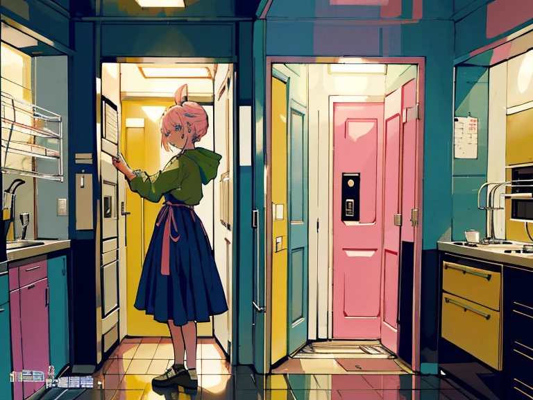 supreme， green down jacket，lime color hair，pink eyes，Standing on your feet，submachine gun，Detailed Genshin graphics，anime character design，anime concept art，pretty anime character design，anime character reference sheet，[Character design]，1girl in, ((Character information)、(Chara Leaf)、pastel dimmed colors, (Yellow color palette.:1.2, Blue:1.2, Pink:1.2), (Blue hair bun and blonde), Short fashionable skirt, Sitting on a throne of sweets and pastries, For example, doughnut, splash, candy, Lollipop, lollipop cane, a cake, cupcake, Cake Pop, Ruffles and lace, polka dot,(Lush pastel dresses), petite girl,Type sheet, Character Sheets, Three types，Shot Full Body，Game Character Design, green color, Green hoodie，