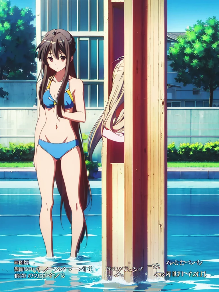 Cool girl，in a swimming pool，swimmning，wash her long hair，A very, Very long ponytail，Extra-long hair，Flip the hair， 2d ，Japanese anime， female high-school student，Best quality, Full body photo。eye repair repair，Wear a bikini，Leg repair，bigger