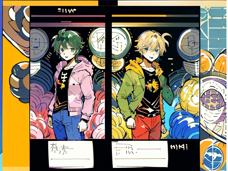 supreme， green down jacket，lime color hair，pink eyes，Standing on your feet，submachine gun，Detailed Genshin graphics，anime character design，anime concept art，pretty anime character design，anime character reference sheet，[Character design]，1girl in, ((Character information)、(Chara Leaf)、pastel dimmed colors, (Yellow color palette.:1.2, Blue:1.2, Pink:1.2), (Blue hair bun and blonde), Short fashionable skirt, Sitting on a throne of sweets and pastries, For example, doughnut, splash, candy, Lollipop, lollipop cane, a cake, cupcake, Cake Pop, Ruffles and lace, polka dot,(Lush pastel dresses), petite girl,Type sheet, Character Sheets, Three types，Shot Full Body，Game Character Design, green color, Green hoodie，