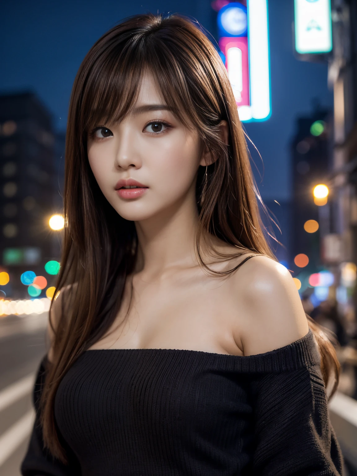 ​masterpiece、1 beautiful girl、A detailed eye、Puffy eyes、top-quality, 超A high resolution, (Realisticity: 1.4), cinematlic lighting、Asian Beauty、Korea person、Super beauty、Beautiful skin、A slender、The body is facing forward、(A hyper-realistic)、(hight resolution)、(8K)、(ighly detailed)、(beautifully detailed eyes)、(ultra-detailliert)、 (wall-)、A detailed face、Bright lighting、profetional lighting、looking at viewert、Facing straight ahead、Black knitwear、oblique bangs、nighttime scene、Brown hair、age19、tall,