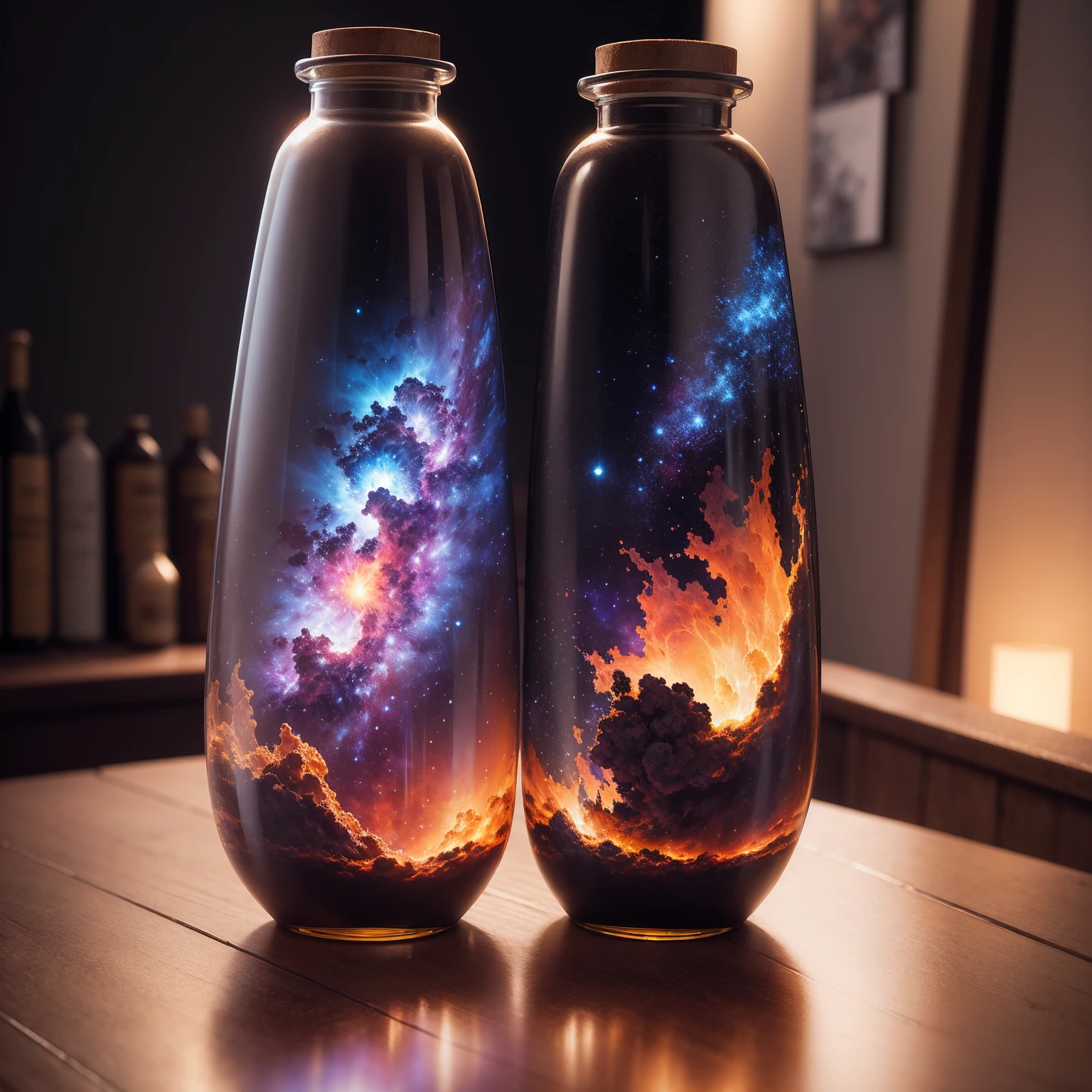 An extraordinary masterpiece that captures the essence of a nebula in a seemingly ordinary glass bottle. Rendered in stunning 8k resolution, This piece is very detailed, Demonstrate impeccable quality that really makes a difference, (fundo da meia-noite)