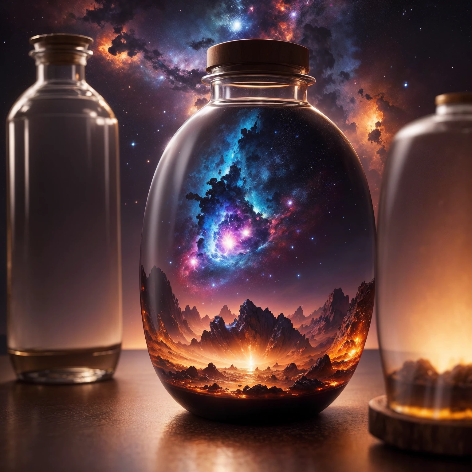 An extraordinary masterpiece that captures the essence of a nebula in a seemingly ordinary glass bottle. Rendered in stunning 8k resolution, This piece is very detailed, Demonstrate impeccable quality that really makes a difference, (fundo da meia-noite)