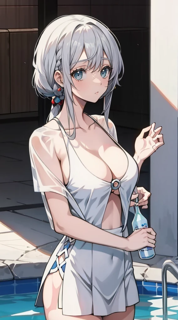 Anime girl standing in swimming pool in white dress, deus de cabelos brancos, Oppai, garotas de anime sedutoras, Shikami, cabelos brancos Cangcang, Ahegao, Seios cobertos e SFW, Clothes that expose, manto branco fluindo, the breasts are large, [ Arte digital 4K ]!!,  perfeita de cabelos brancos, vestindo roupas brancas, cabelos brancos