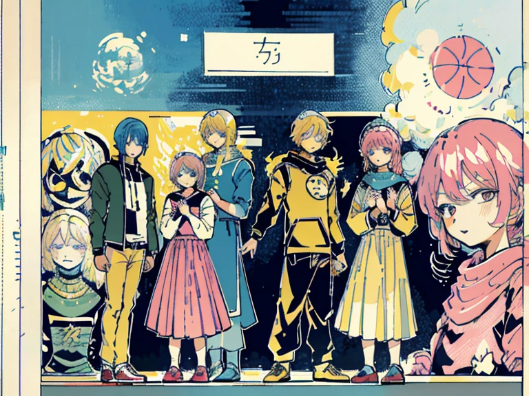 supreme， green down jacket，lime color hair，pink eyes，Standing on your feet，submachine gun，Detailed Genshin graphics，anime character design，anime concept art，pretty anime character design，anime character reference sheet，[Character design]，1girl in, ((Character information)、(Chara Leaf)、pastel dimmed colors, (Yellow color palette.:1.2, Blue:1.2, Pink:1.2), (Blue hair bun and blonde), Short fashionable skirt, Sitting on a throne of sweets and pastries, For example, doughnut, splash, candy, Lollipop, lollipop cane, a cake, cupcake, Cake Pop, Ruffles and lace, polka dot,(Lush pastel dresses), ite girl,Type sheet, Character Sheets, Three types，Shot Full Body，Game Character Design, green color, Green hoodie，