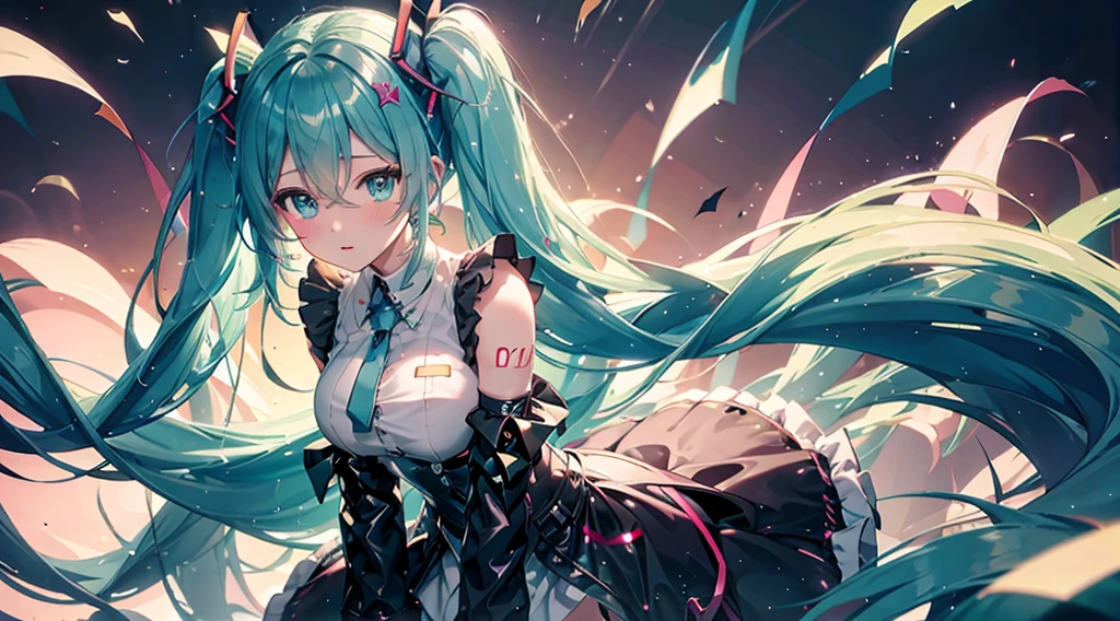 hatsune miku, nsfw, digital illustration, vibrant colors, soft lighting, perfect face, absurdres, ultrasharp, 8K, risque pose, long hair, ta dress, gothic, angel