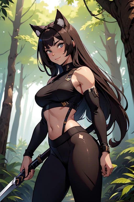 beautiful young female warrior fighter with cat ears on her head, com rosto bem detalhado e bonito, belos olhos, belos olhos, rosto lindo, beautiful young woman wearing long brown leggings with black details, sueter apertado branco, Standing in a forest, usando bota preta, cabelo comprido com franja preto, ,orelhas de gato, belo sorriso, tomboy, um pouco musculosa,suter branco com cinta em volta, olhar serio,usando brazer apertado preto, com ombreiras de prata nos ombros